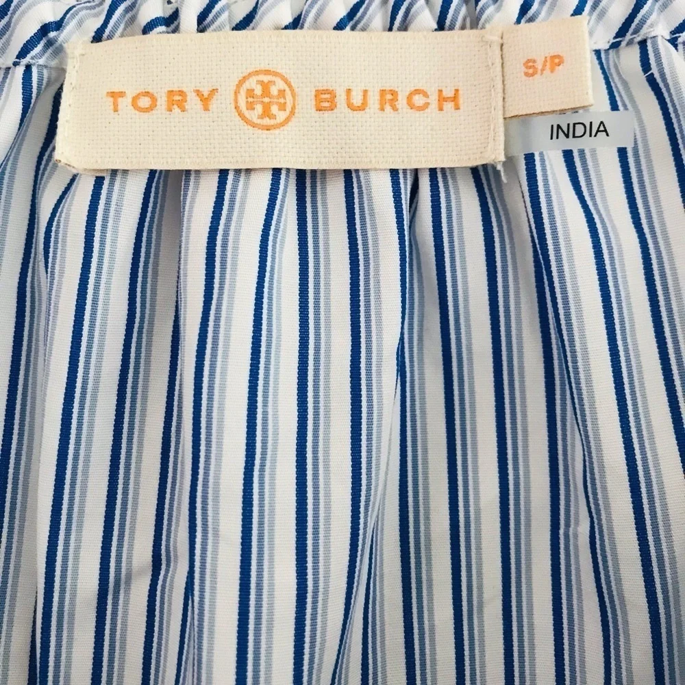 Tory Burch | Ariana Drawstring Top Womens S Small Blue Ombre Stripe Short Sleeve